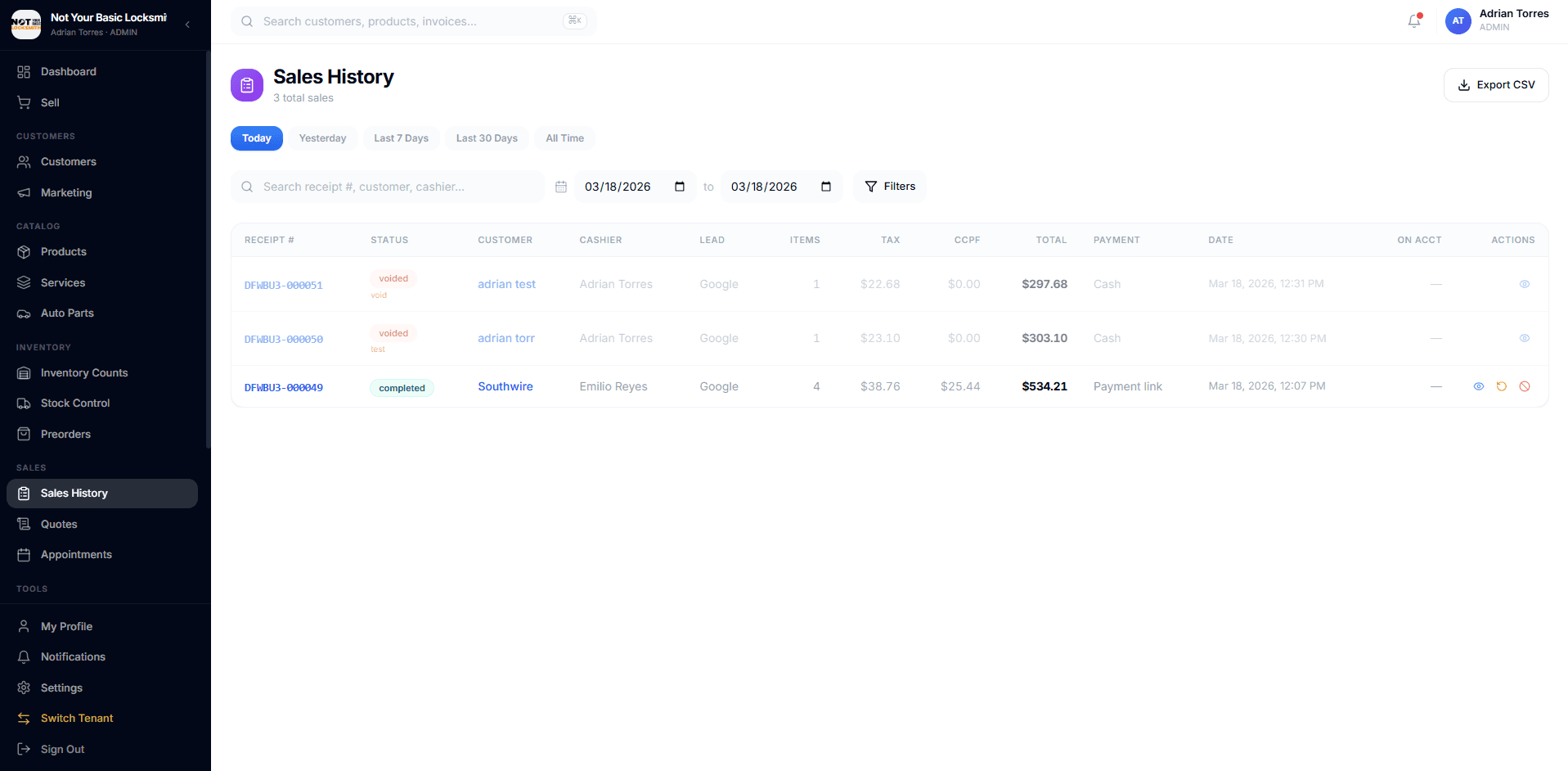 IntelliDrive OS sales history with payment methods and receipt actions